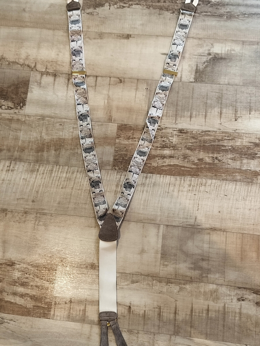 Neutral Patterned Suspenders with Leather Accents